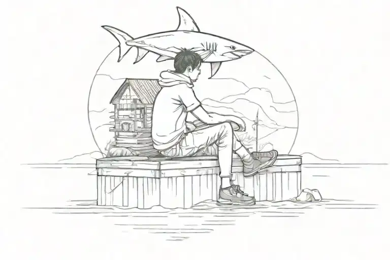 Boy Sitting On A Dock With A Shark Fin On Top Of The Water