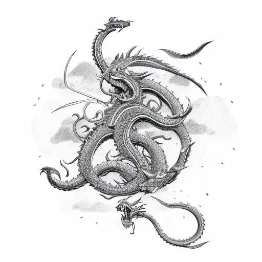 Samurai Fighting A Kraken And A Dragon