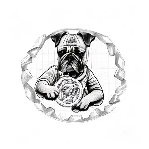A Sketch Style Tattoo Of A Mechanic Dog Holding A Car Tire As A Symbol Of Strength And Reliability