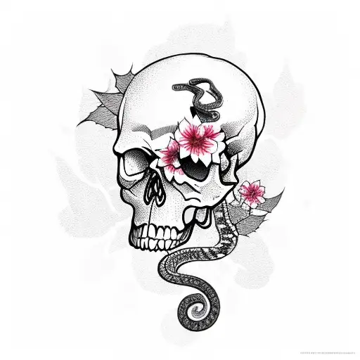 Skull With Snake Through It And Cherry Blossom Flowers Maple Leaves