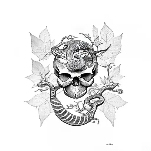 Skull Amongst Cherry Blossums And Maple Leaves With A Snake Through It