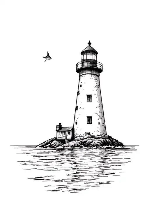Lighthouse In The Sea With Sketch Style Tattoo Style Landscape