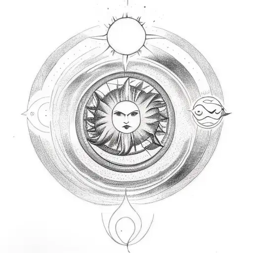 A Minimalist Tattoo Of An Unalome Symbol With A Sun And Moon Incorporated Into The Design