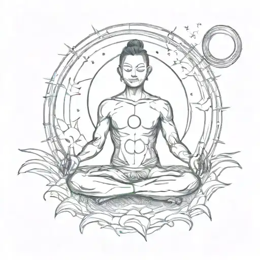 A Sketch-style Tattoo Of A Person Meditating In A Yoga Pose With The Moon Shining Above
