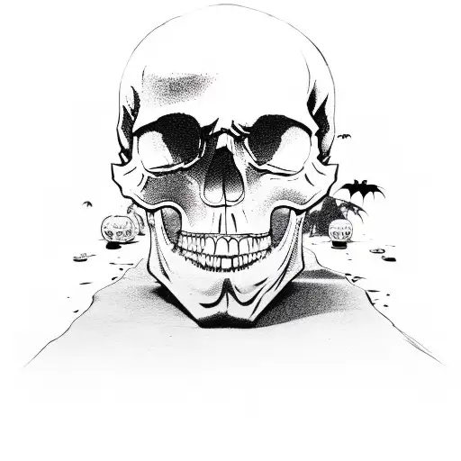 A Concrete Skull With Halloween-themed Skateboard Wheels