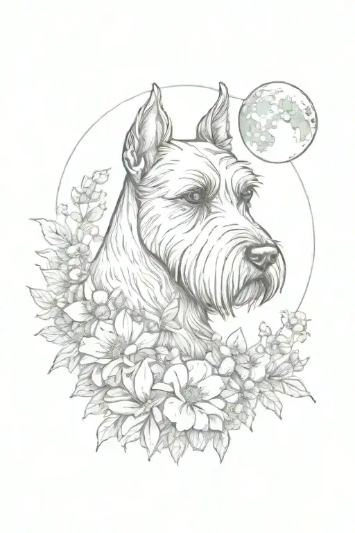 Schnauzer With Flowers And Moon Surrounded