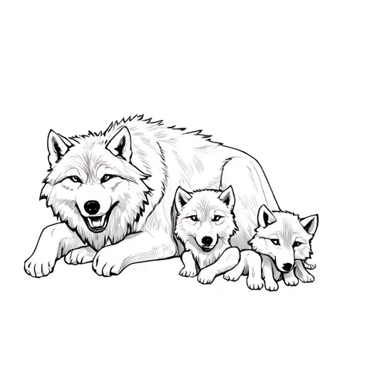 Wolf With A Grin And Two Wolf Cubs