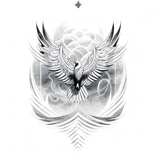 A Mesmerizing Blackwork Illustration Of A Soaring Eagle With Waves Crashing Beneath It