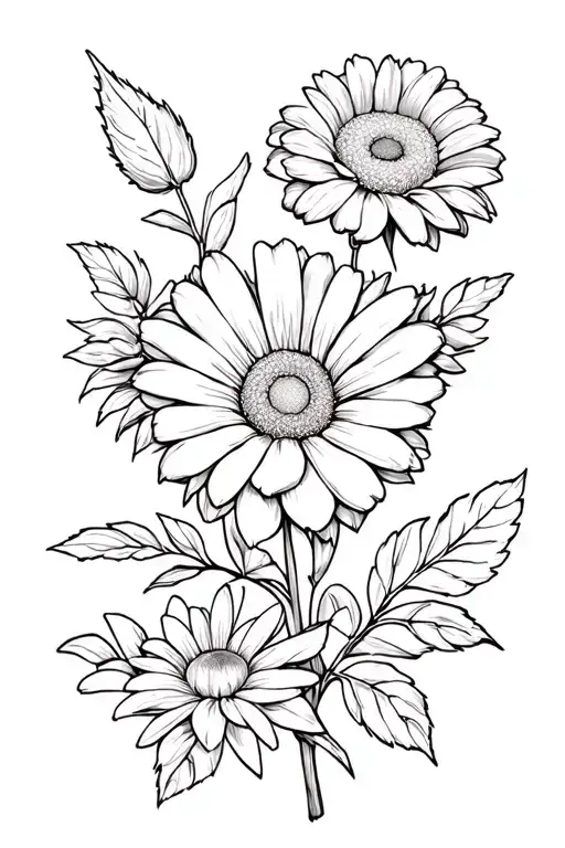 Flower Outlines Of A Rose Cosmo Daisy And Chrysanthemum With Some Foliage