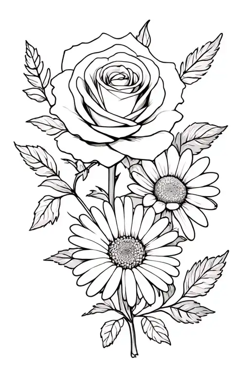 Flower Outlines Of A Rose And Cosmo And Daisy And Chrysanthemum With Some Foliage