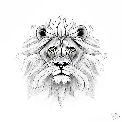 A Sketch-style Lion Head Surrounded By Wildflowers And Vines