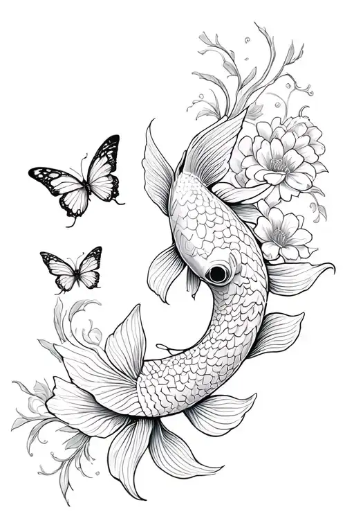 Koi Fish Butterflies Flowers Intertwined