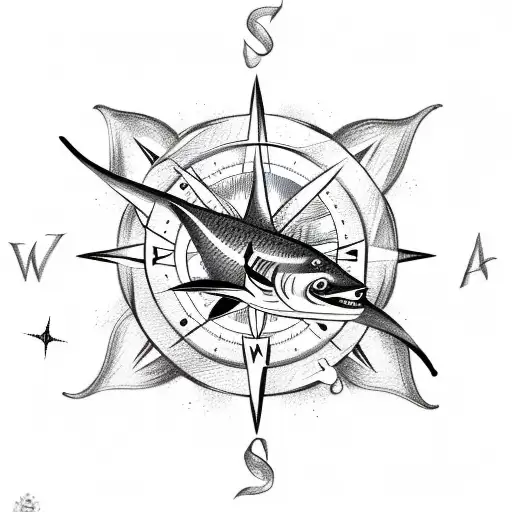 A Sketch-style Tattoo Of A Marlin Jumping Out Of The Ocean With A Compass And Map In The Background