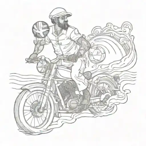 A Sketch Of A Sailor Navigating Through Waves With Football And Motorcycle Motifs Incorporated