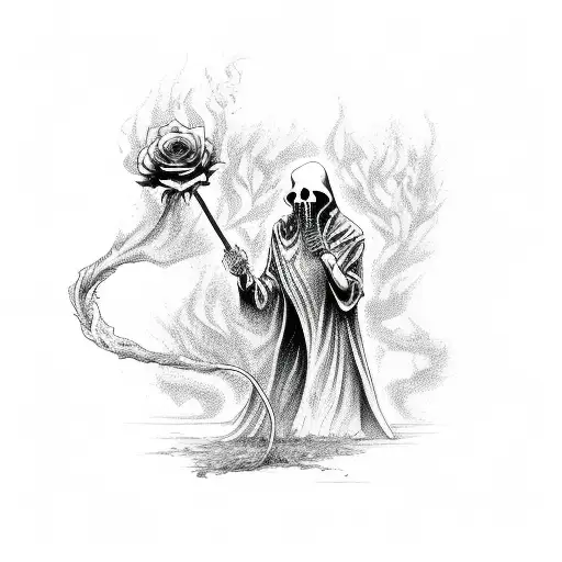 Grim Reaper Holding Clock In Hands With Burning Roses
