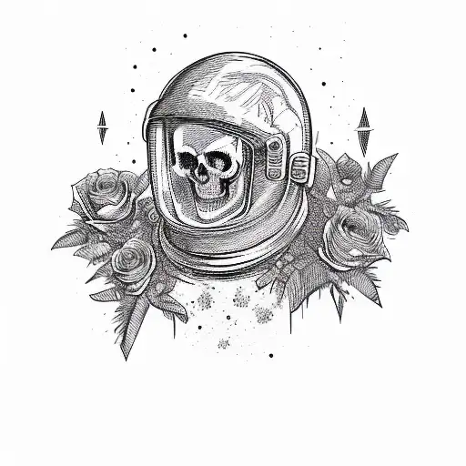 A Skull Of An Astronaut In Space Helmet And Roses