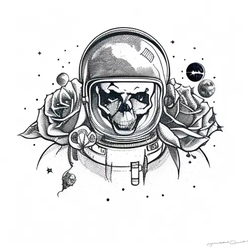 A Skull Of An Astronaut In Space Helmet And Roses With Planets And Stars In The Background
