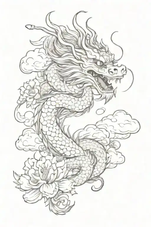 A Chinese Dragon With Clouds And Flowers