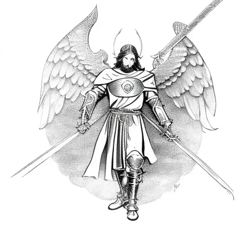 Saint Michael With Black Cloak And Sword And Angel Wings