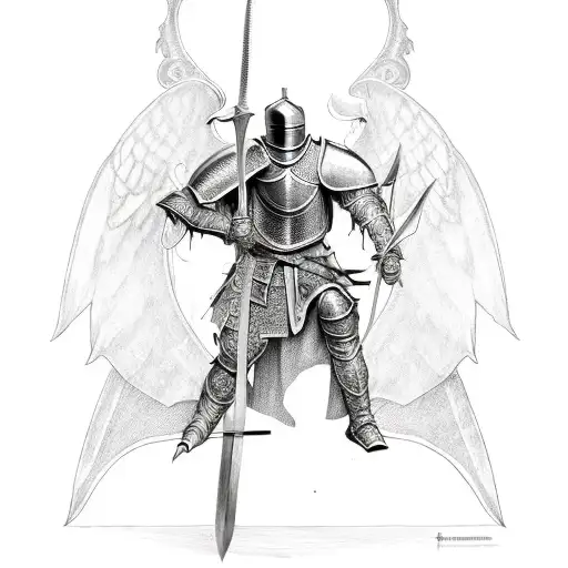 Knight With Sword And Black Detailed Armor With Black Angel Wings