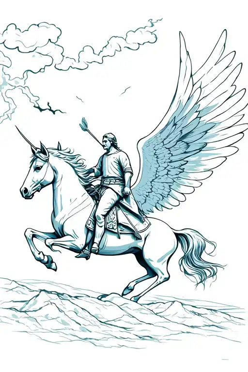 Pegasus Greek Mythology With A Rider On His Back And Thunderstorms In The Background
