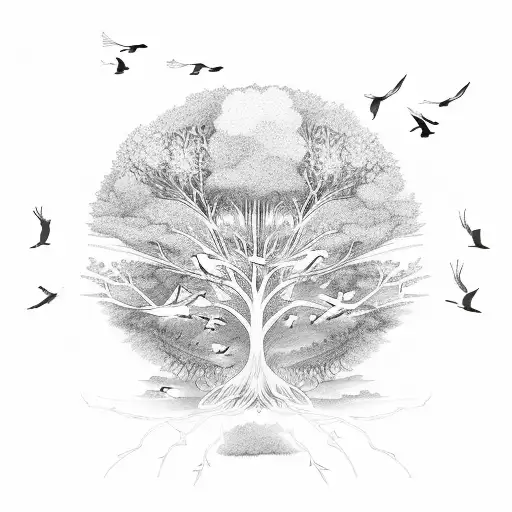Sketch-style Tree Of Life With Birds Flying Out Of The Branches