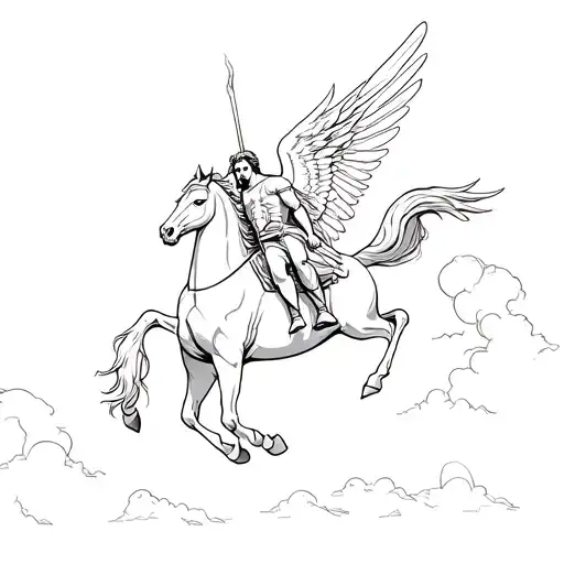 Pegasus Greek Mythology With A Rider On His Back And Thunderstorms In The Background
