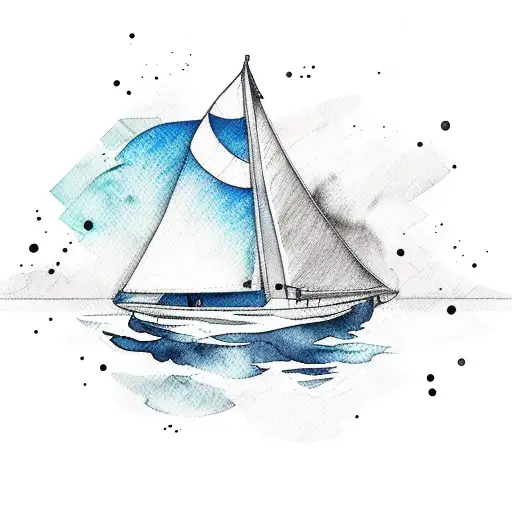 A Sketch-style Design Of A Sailboat With Watercolor Splashes