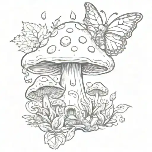 A Detailed Witchy Cute Autumn Mushroom And Butterfly's