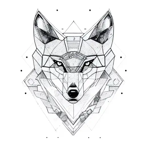 A Geometric Wolf With Steampunk Elements Perched On A Rocky Formation