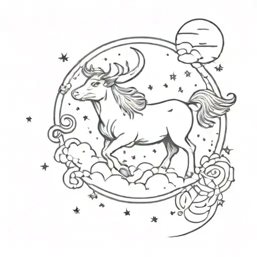 A Tattoo Design Of A Farm Animal Constellation With Moons And Clouds In The Background