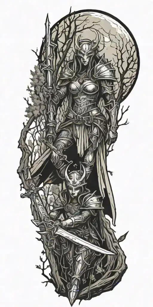 Demon She Knight With Sword In The Woods During A Full Moon