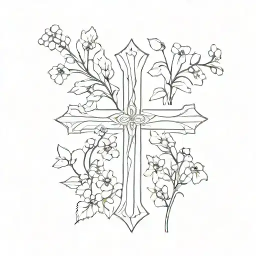 Minimalist Line Art Cross With 5 Simple Forget Me Nots Surrounding No Leaves