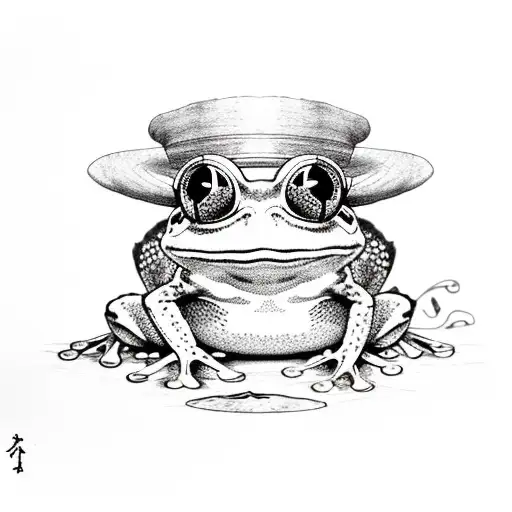 Cute Frog With Red Tea Hat With Purple Ribbon