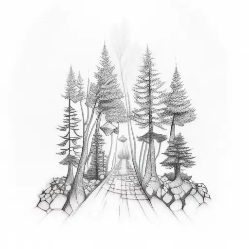 A Dotwork Tattoo Of A Forest With Hidden Architectural Elements