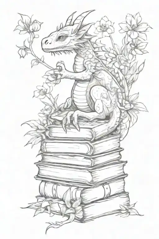 Stacked Books Surrounded By Wildflowers Growing And A Baby Dragon Intertwined
