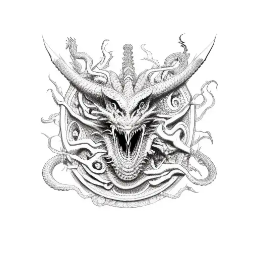 Dragon With Medusa And Tribal Satan Mask