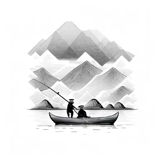 Man Fishing In A Boat On A River With Mountains In The Background Trees Over Lapping