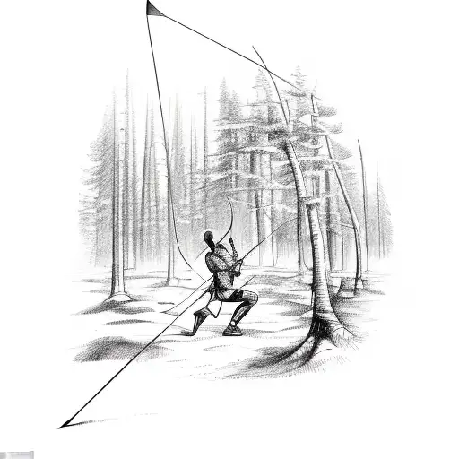 A Detailed Sketch Of An Archer Releasing An Arrow With A Serene Forest Background