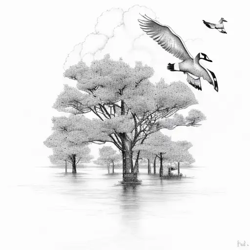 Tree Train Clouds Ducks