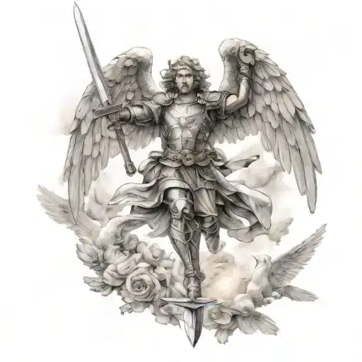 Archangel Michael Flies Up With A Sword Against The Background Of The Sky And Doves