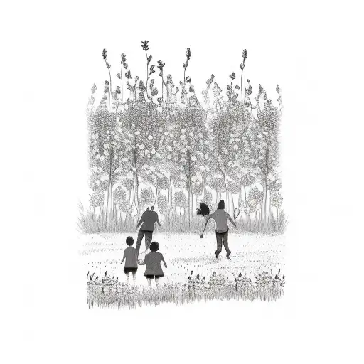 A Father And 3 Daughters Playing In A Field Of Wildflowers