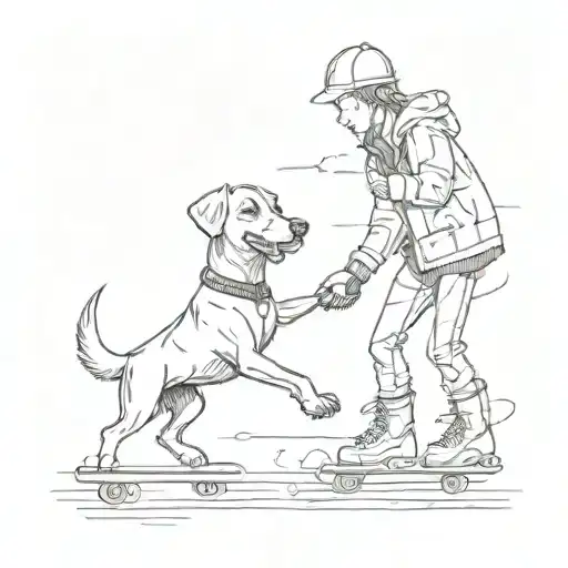 A Sketch Style Tattoo Of A Student And Their Dog Holding Hands While Ice Skating Together