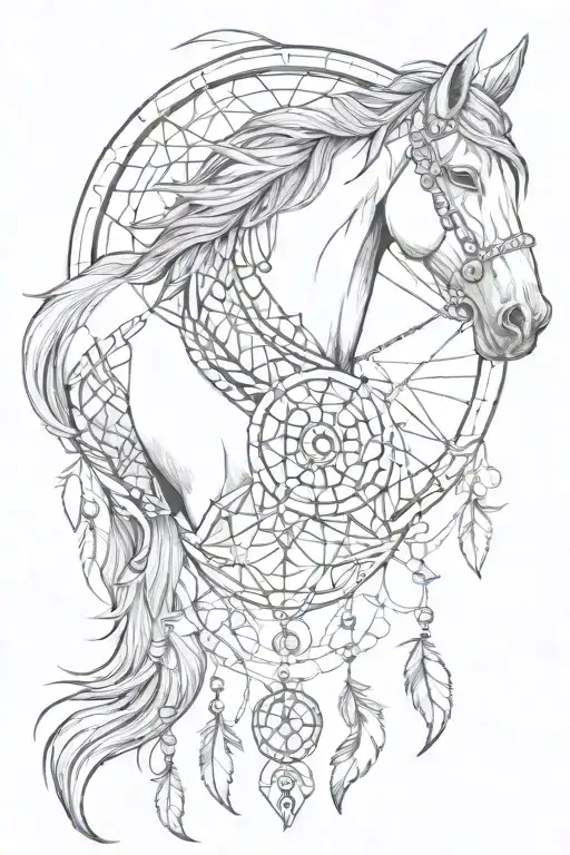 Horse Head Inside Dream Catcher Very Detailed Blackwork