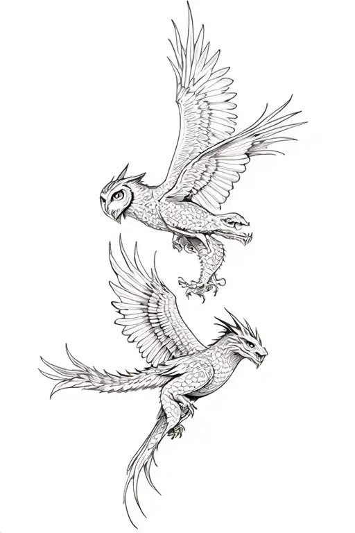 Owl Phoenix And Dragon Flying Together