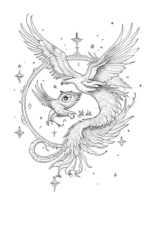 Owl Phoenix And Dragon Flying In A Circle With Constellations