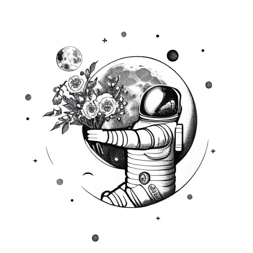 Astronaut Holding Flowers In Front Of Moon