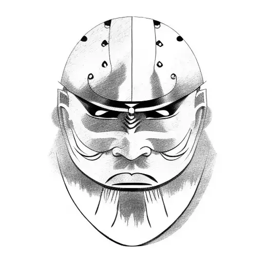 Japanese Samurai Mask In Black And White Outline