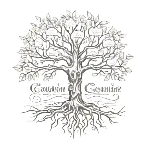 A Sketch Style Tattoo Of A Family Tree With Roots Intertwining To Form The Word 'Cousin'