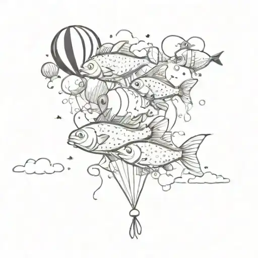 Fish Being Hold By Balloons In The Sky With Coulds On The Background